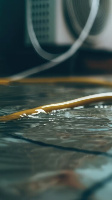 Nahaufnahme eines überfluteten Innenraums mit spiegelnder Wasseroberfläche, die das Licht reflektiert. Gelbe Stromkabel liegen teilweise im Wasser, während im Hintergrund eine Wärmepumpe und eine diffuse Beleuchtung zu sehen sind