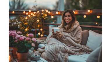 ine junge Frau sitzt lächelnd auf einer Terrasse, eingehüllt in eine große, gestrickte Decke, während sie eine Tasse hält. Die Terrasse ist mit Lichterketten beleuchtet und mit verschiedenen Pflanzen und Blumen dekoriert, die eine gemütliche und entspannte Atmosphäre schaffen.